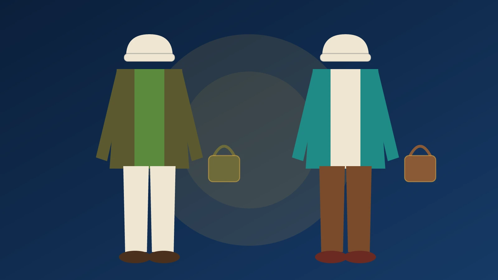 Flat illustration of two fall outfits laid out from hat to shoes