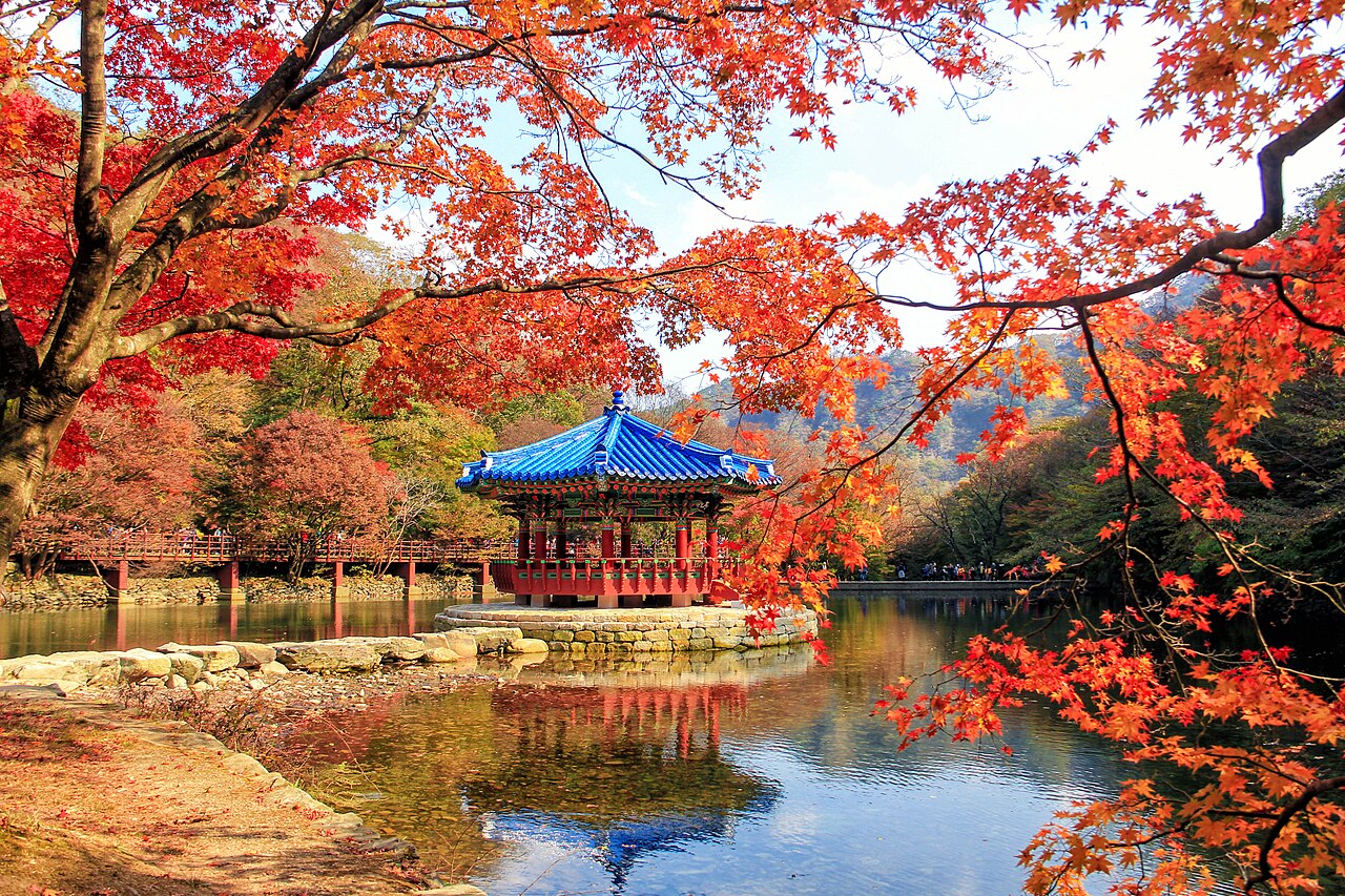 El pabellón Uhwajeong de Naejangsan rodeado de hojas rojas de otoño