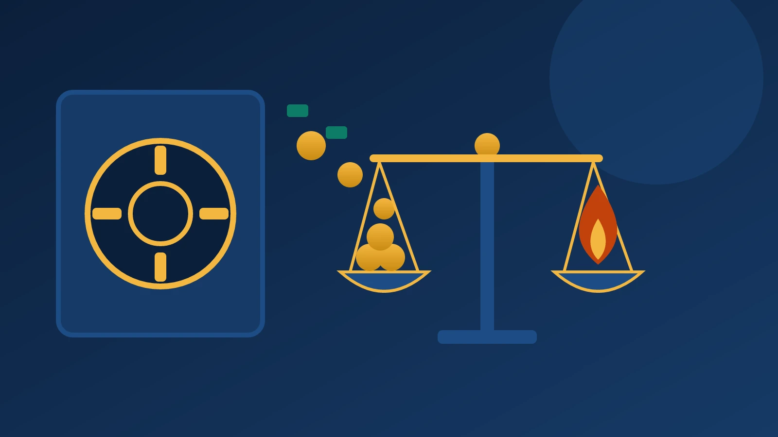 Illustration: Goldene Aktienmünzen aus einem Tresor liegen auf einer Waagschale, auf der anderen Seite brennt eine Flamme